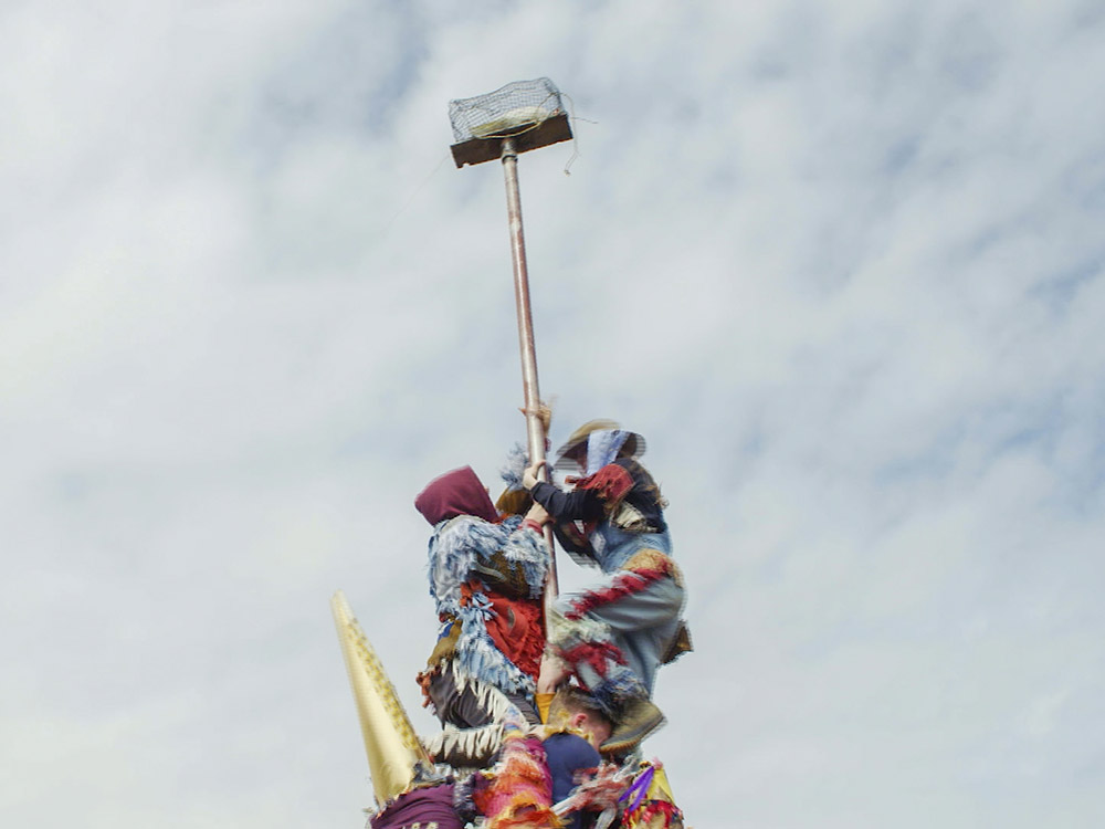 people in mardi gras costumes climb pole