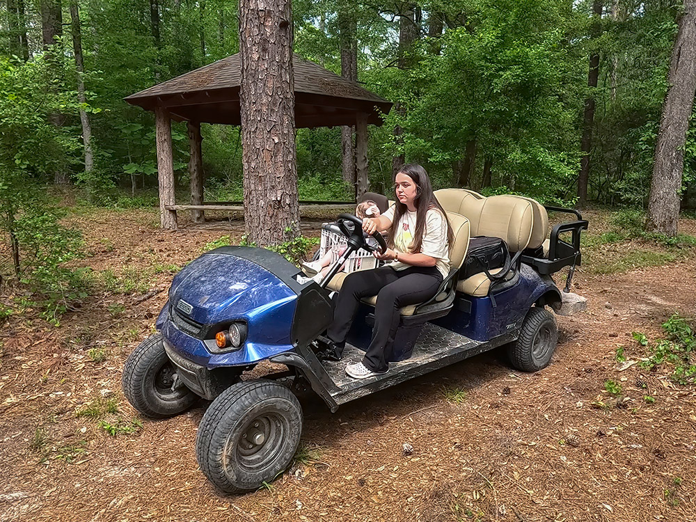 young woman with long dark hair drives blue cart with small child in front seat through woods