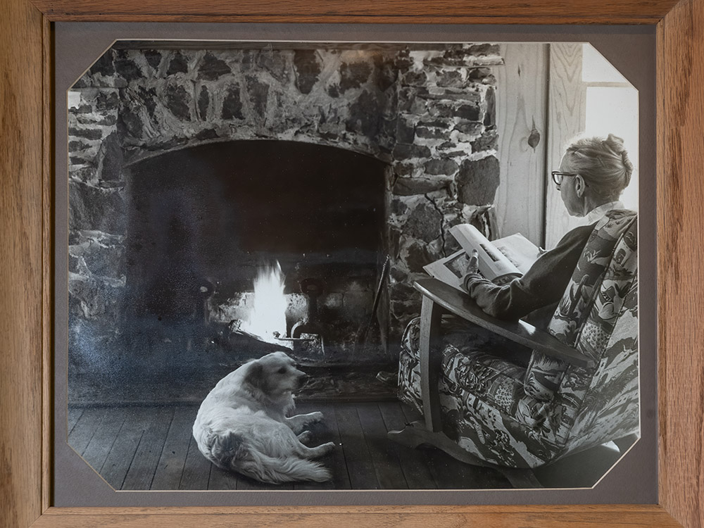 black and white picture of woman sitting in front of fireplace reading book with dog on floor