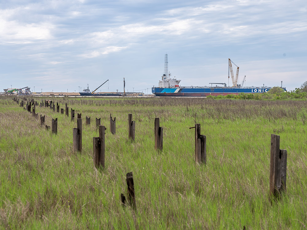 wooden pilings in grass and blue hulled ship in background