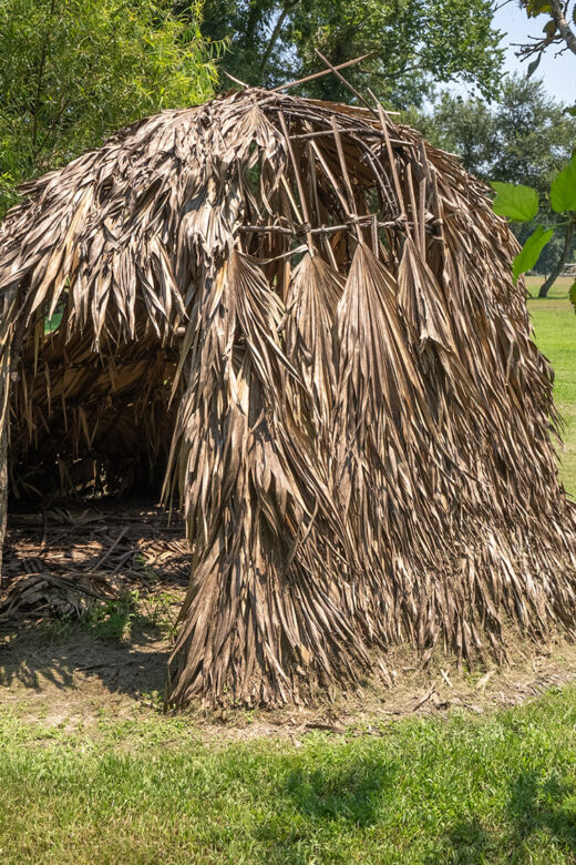 palmetto hut near tree branches on a mowed grass lawn