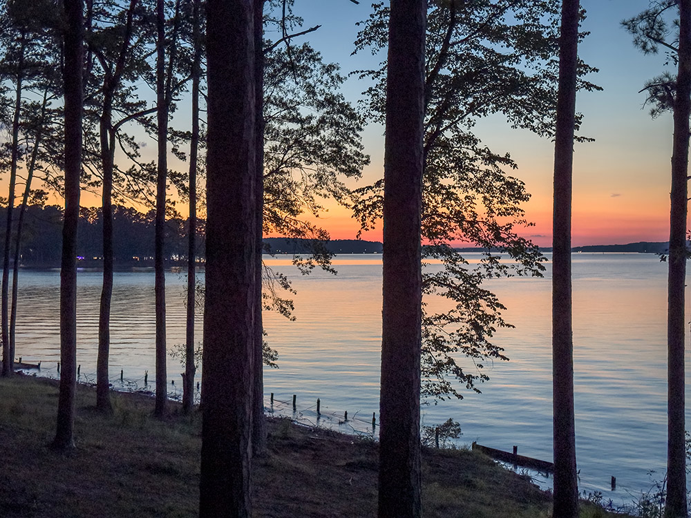 orange glow of sun reflected in lake through trees