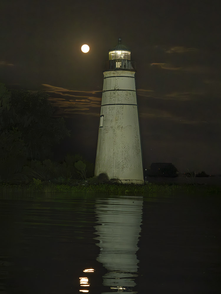 lighthouse with full moon in dark sky