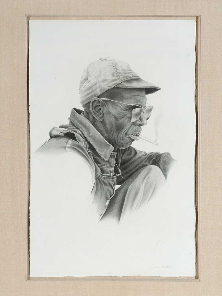 painting of profile of black man wearing glasses and cap by travis Whitfield