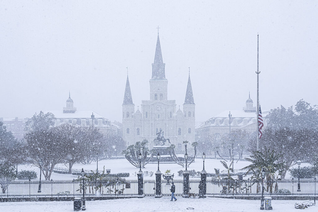 New Orleans Jackson Square and St. Louis Cathedral covered in snow