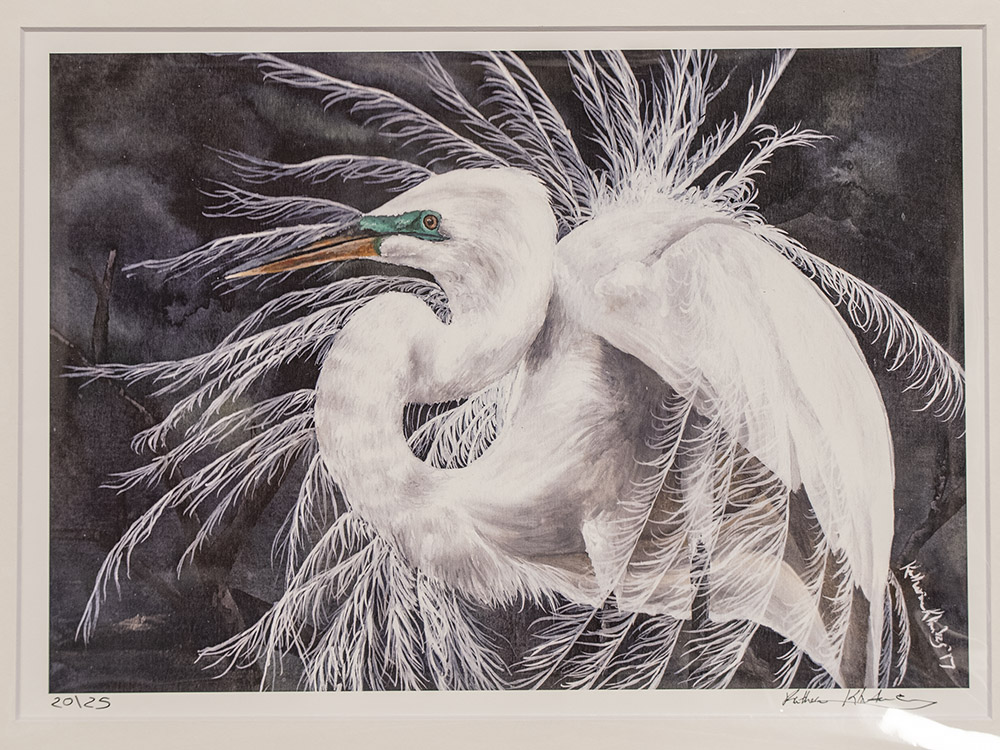 watercolor painting of great white egret