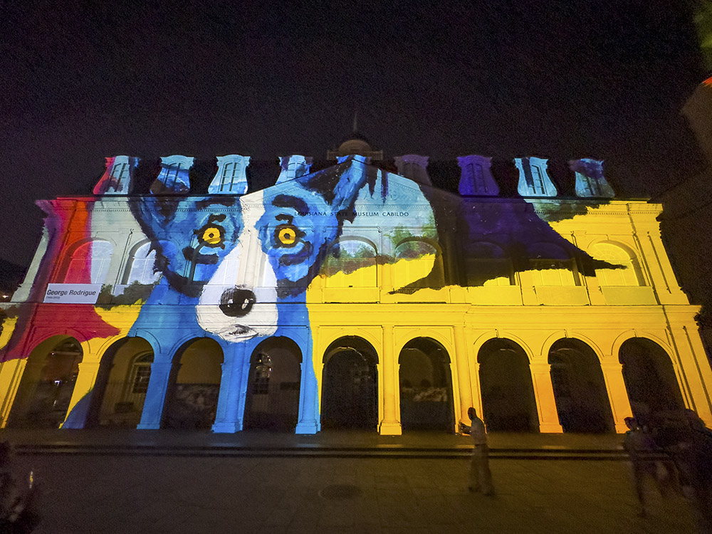 painting of blue dog projected on cabildo building