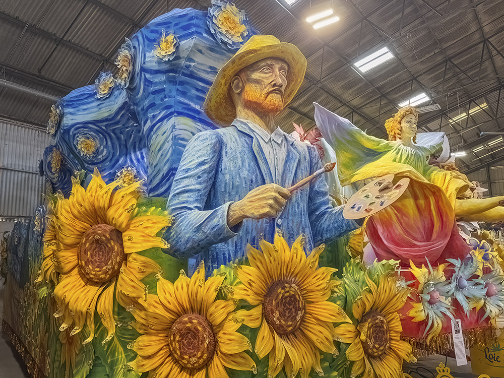 colorful Rex float with Van Gogh image and sunflowers