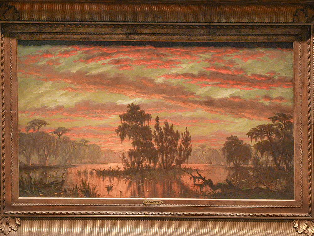 oil painting of trees and brilliant sunset reflected in water