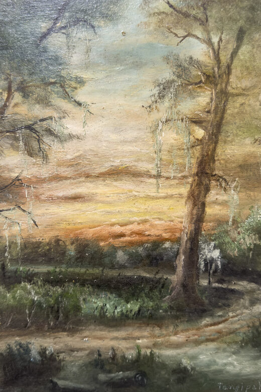 oil painting of winding road through the woods at sunset