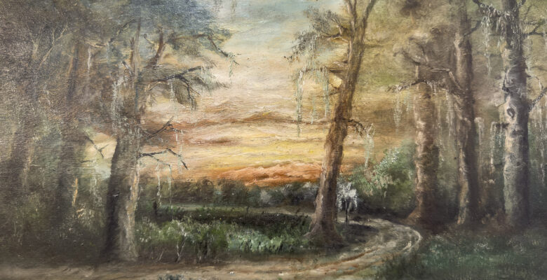 oil painting of winding road through the woods at sunset