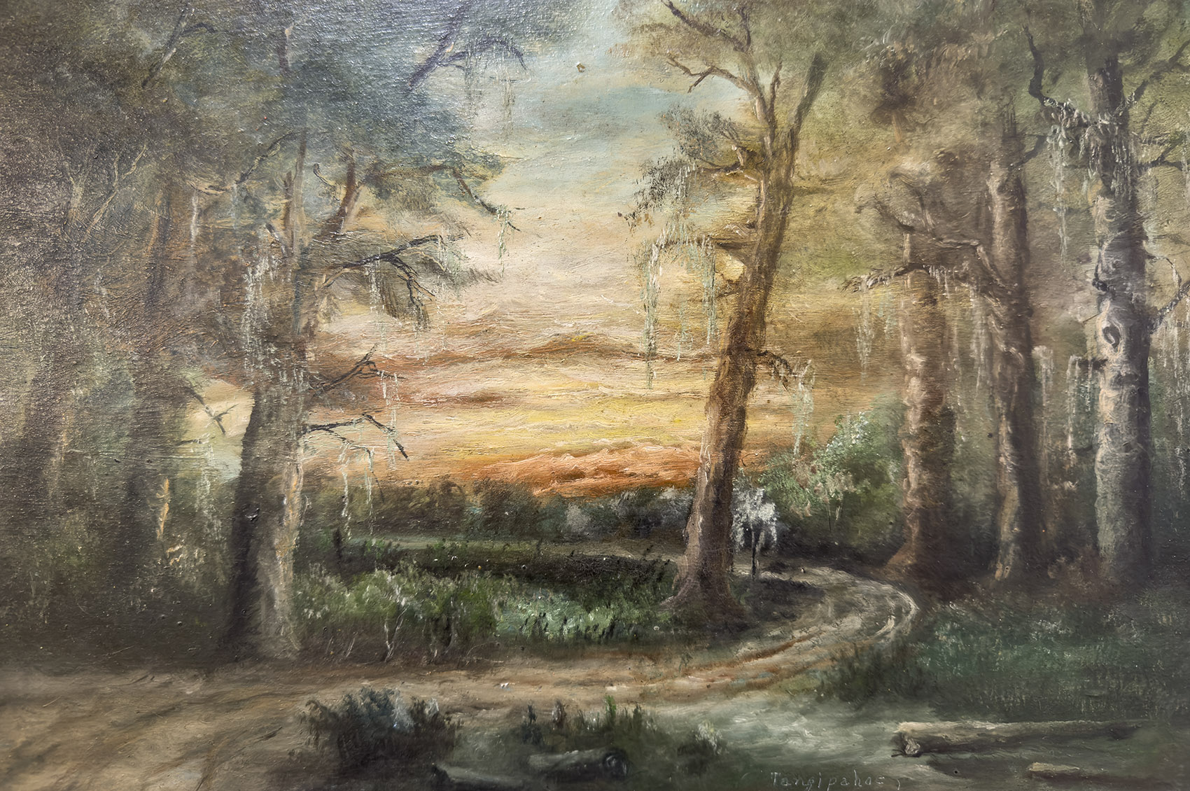 oil painting of winding road through the woods at sunset