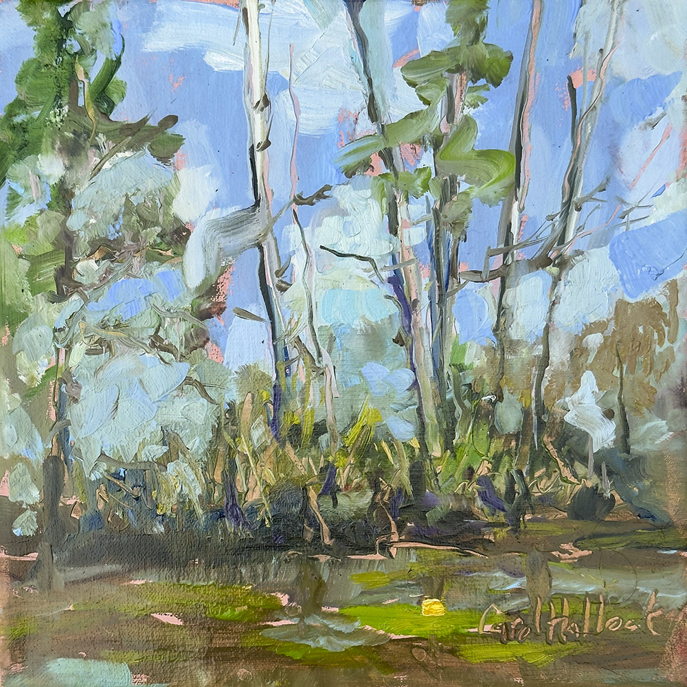 oil painting of cypress trees and lilies along bayou