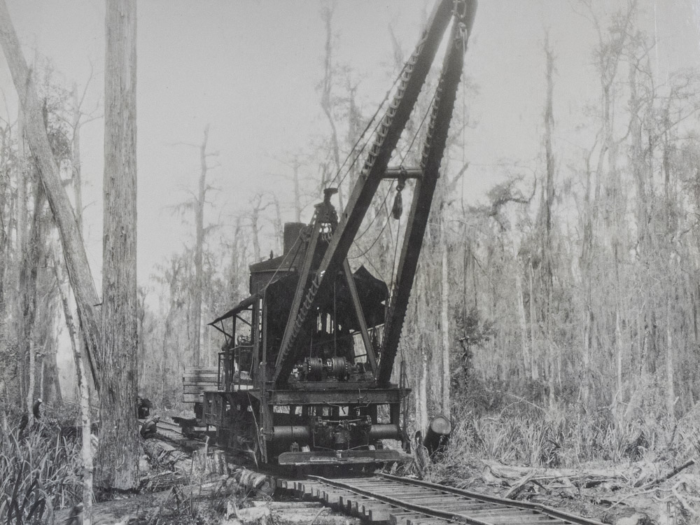 black and white photo of railroad crane and tracks through forest