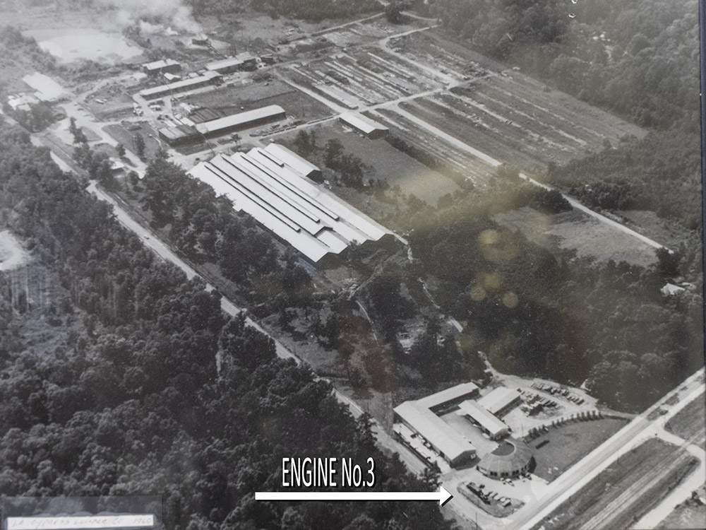 black and white aerial view of sawmill with arrow pointing to engine number 3 location