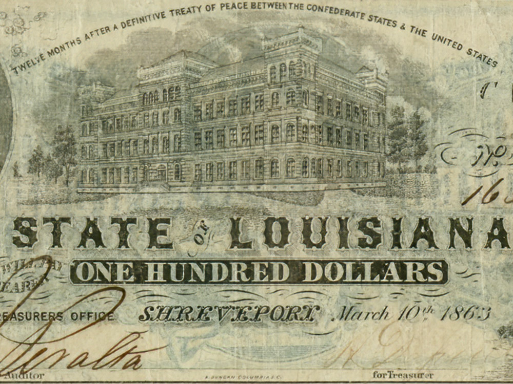 drawing of large building on currency from state of Louisiana