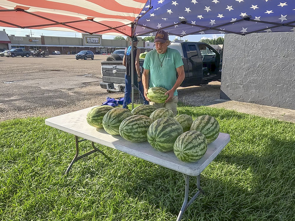 man putting watermelons on white table under american flag tent