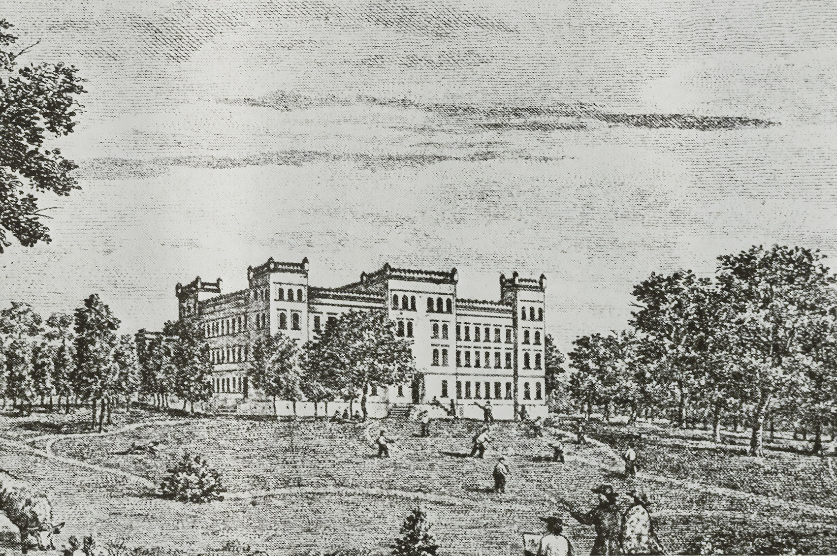 black and white drawing of large 19th century college building