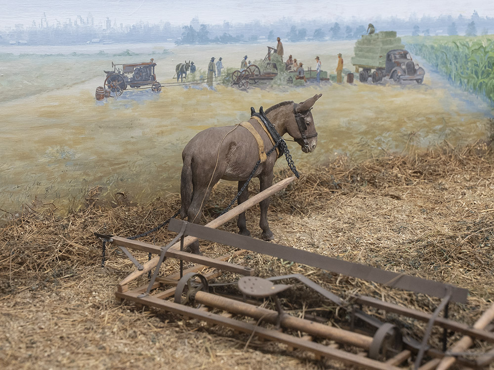 diorama of a mule on a farm pulling cultivator