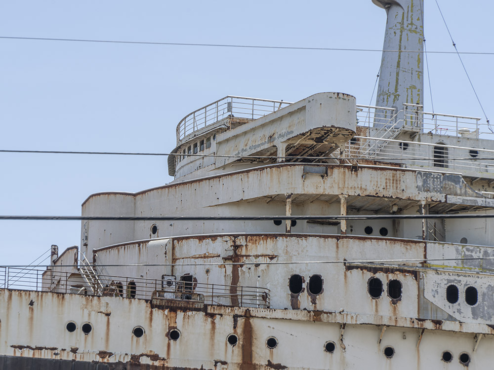 close up view of rusting cruise ship ss united states