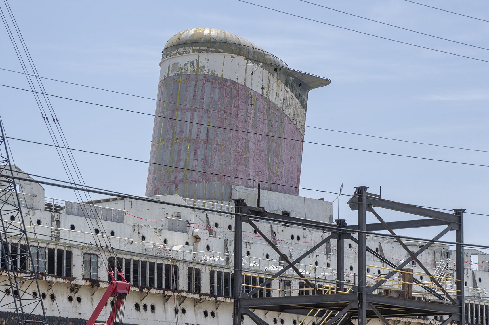 rusting stack of old cruise ship.