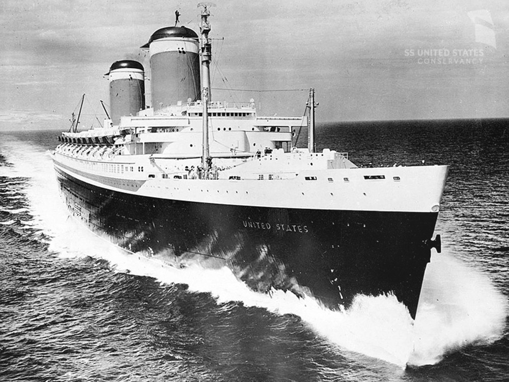 black and white photo of cruise ship SS United States at sea