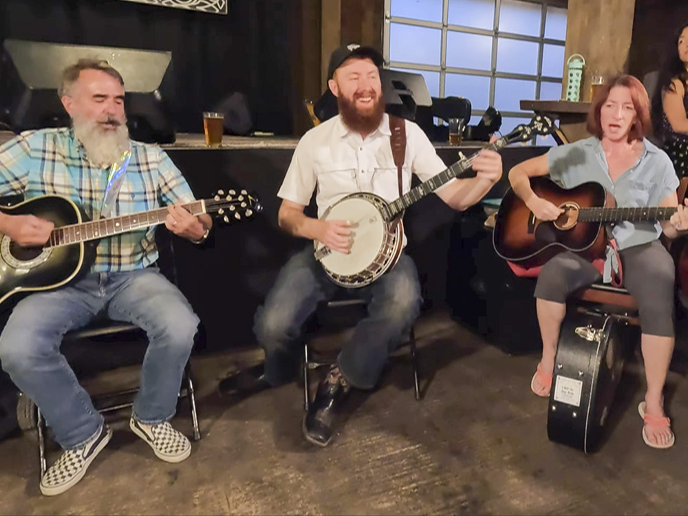 three musicians playing banjo and guitars in jam session
