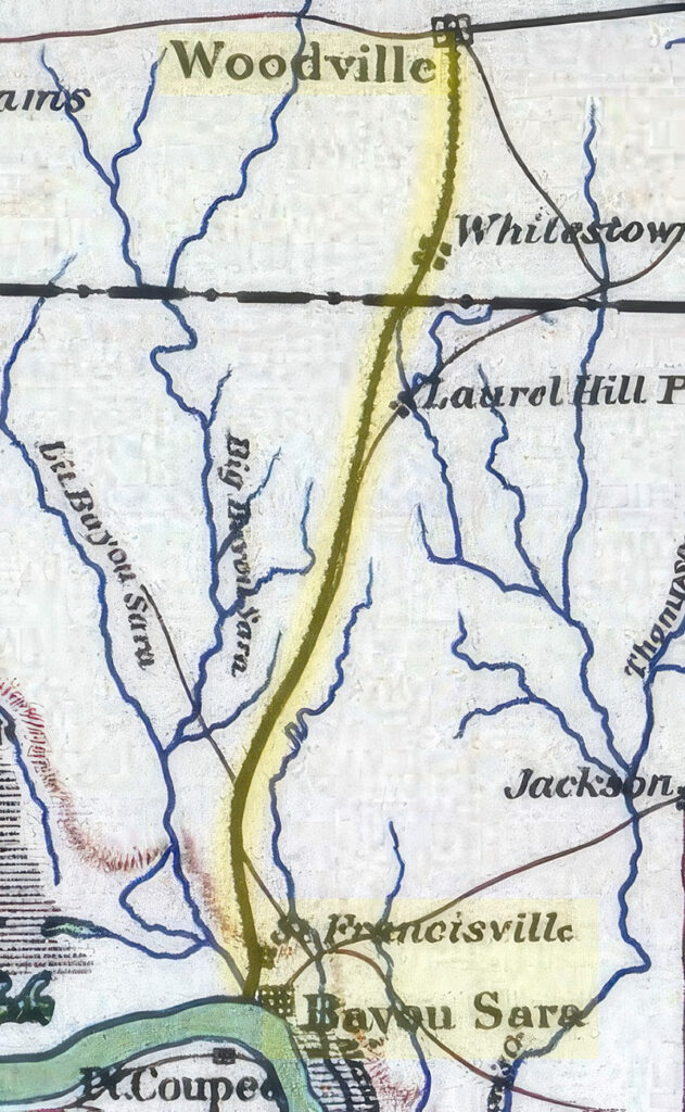 map showing route of train from Woodville to St. Francisville