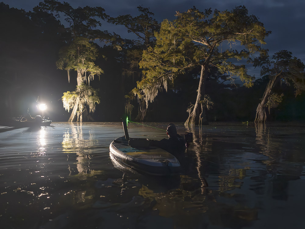 lights in boat illuminate trees in swamp scene for photographer in water