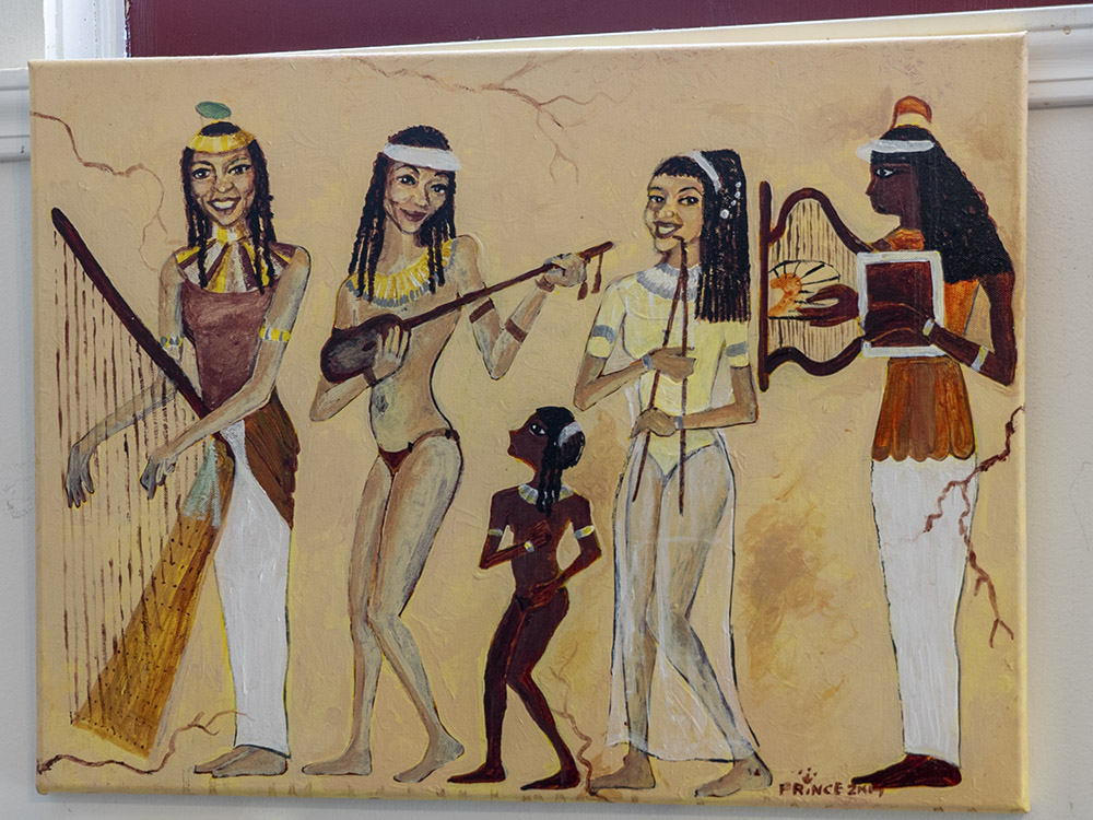 painting of Egyptian women with musical instruments