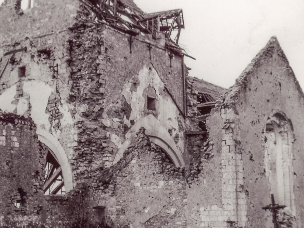 black and white photo of bombed church